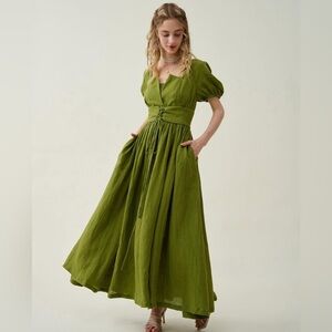 LinenNaive Julia 35 Green Maxi Dress Puff Sleeve Front Corset